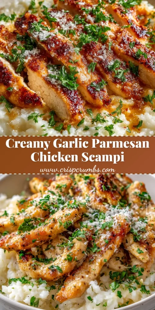 A decadent bowl of creamy parmesan rice topped with pan-seared chicken and glossy scampi sauce. (Chicken Scampi Recipe)