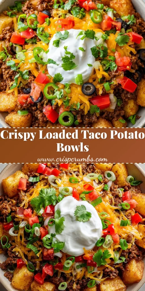 A close-up view of Loaded Taco Potato Bowls featuring crispy roasted potatoes, browned taco meat, melted cheddar, sour cream, and fresh toppings.