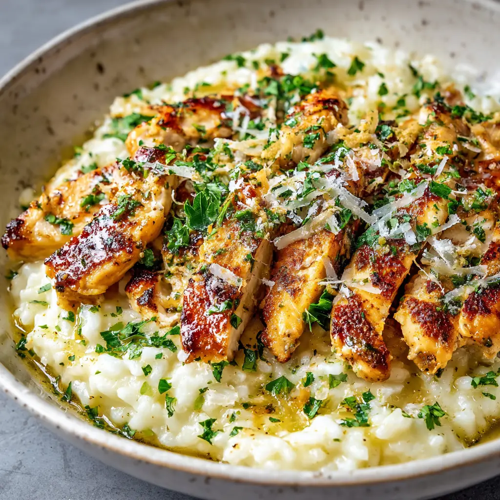 A close up shot of a shallow ceramic bowl filled with thick, creamy white parmesan rice and golden-brown pan-seared chicken strips. (Chicken Scampi Recipe)