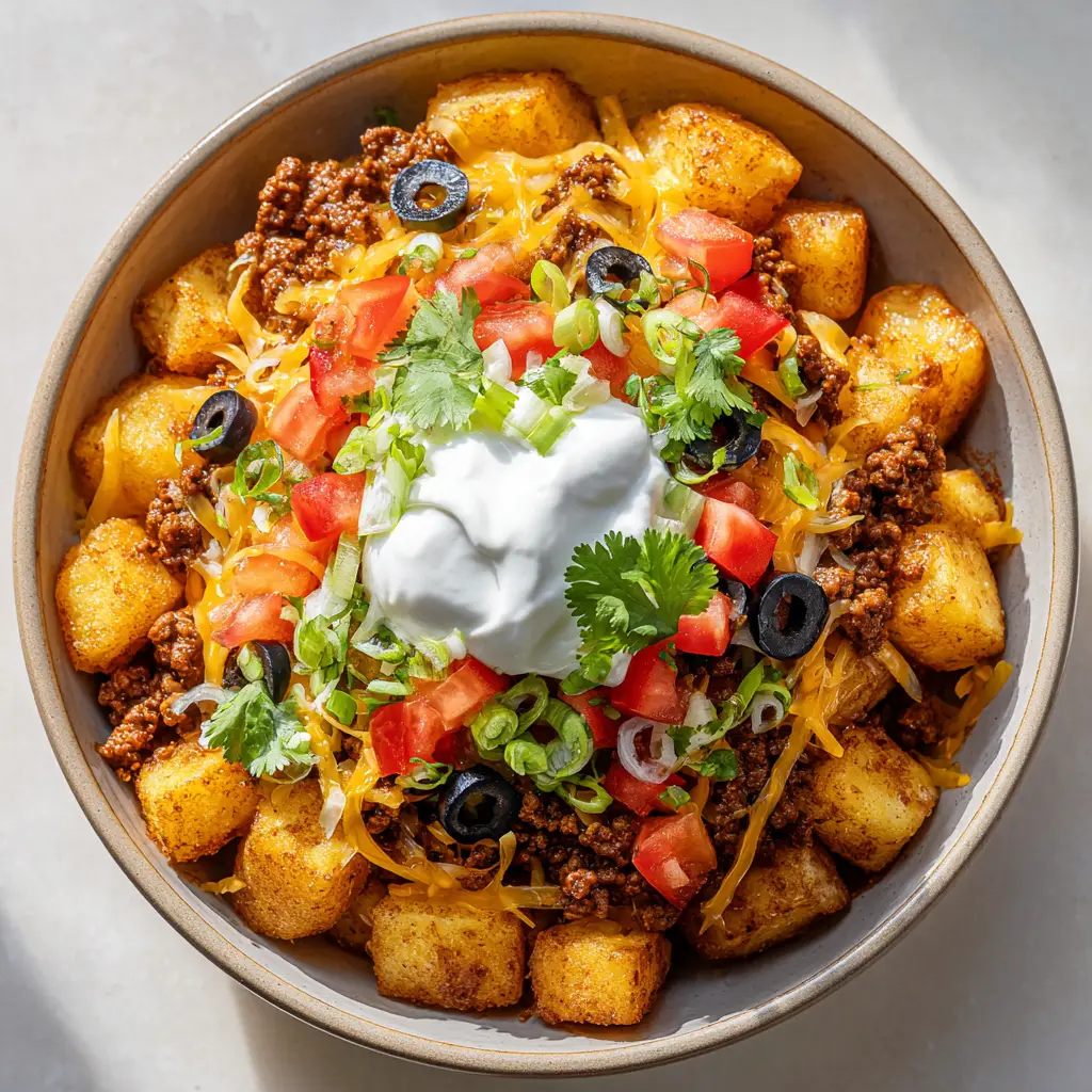 Top-down view of a Loaded Taco Potato Bowl in a wide matte ceramic bowl with melted orange cheddar, diced tomatoes, and vibrant cilantro.