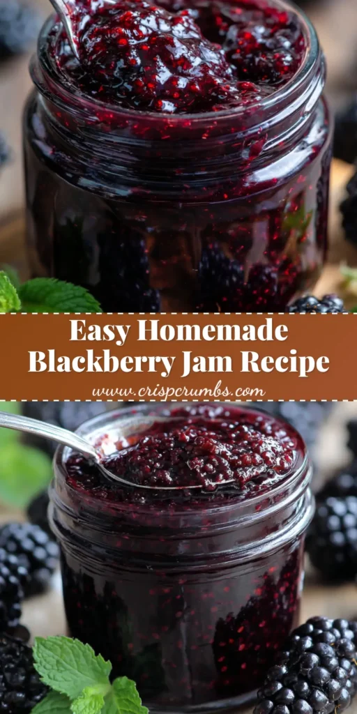 A clear glass mason jar filled with thick, glossy, deep dark purple Homemade Blackberry Jam, showing distinct crushed berry textures and tiny seeds. Whole plump blackberries and fresh green mint leaves scattered on a smooth wooden surface.