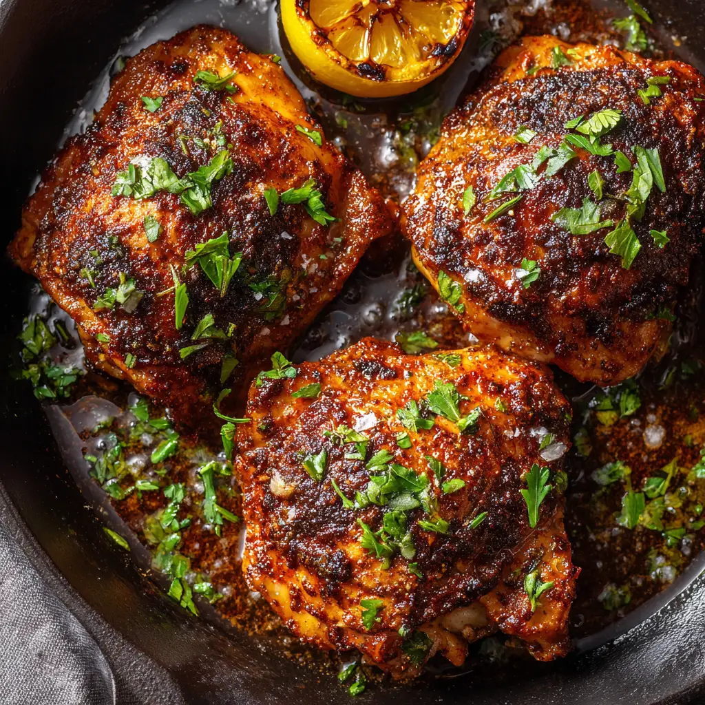 Overhead view of three heavily textured baked boneless chicken thighs glistening in a savory pan sauce.