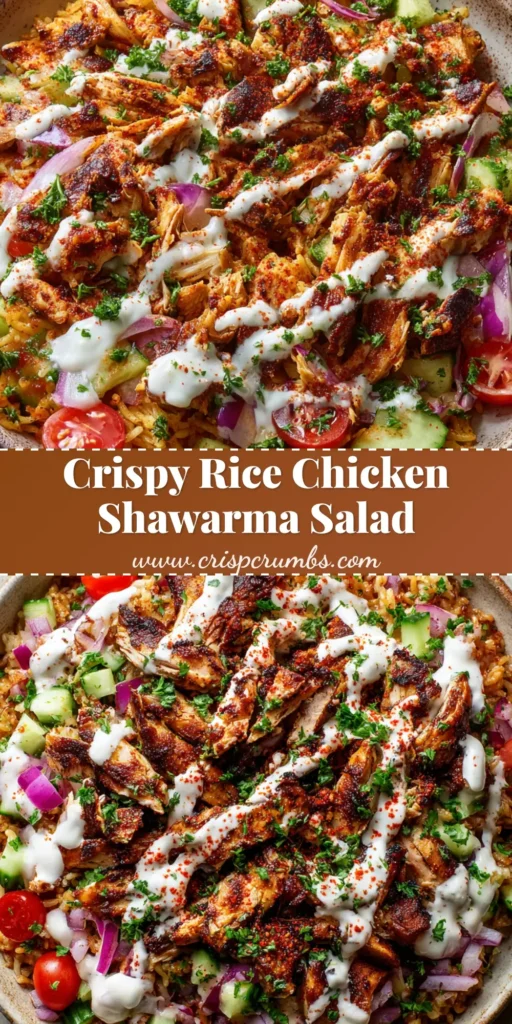 A rustic shallow bowl showcasing a Chicken Shawarma Crispy Rice Salad with charred spiced chicken, vibrant vegetables, and a crisscross drizzle of creamy white garlic sauce.