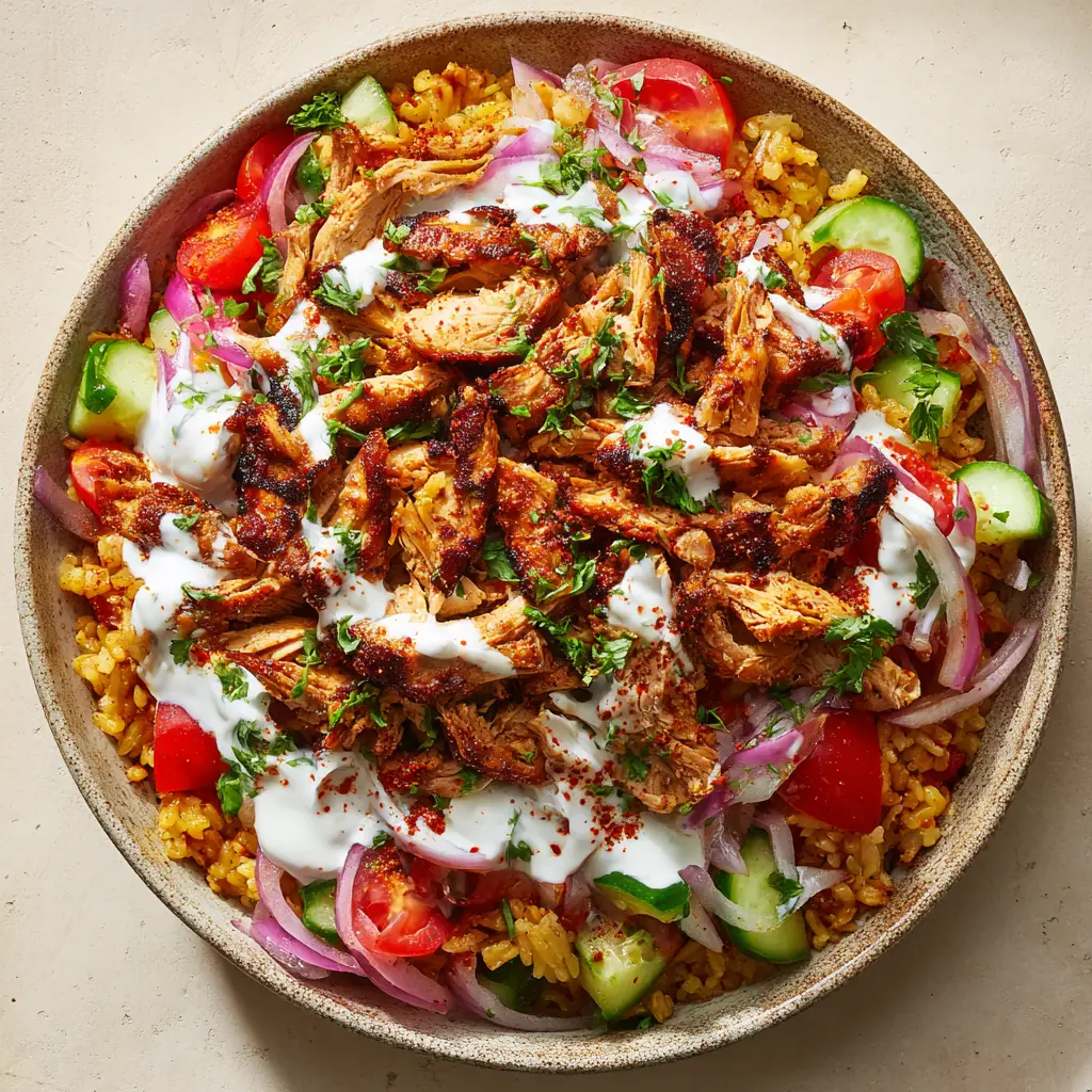 Close up of heavily spiced, slightly charred chicken shawarma strips over golden brown crispy rice clusters.
