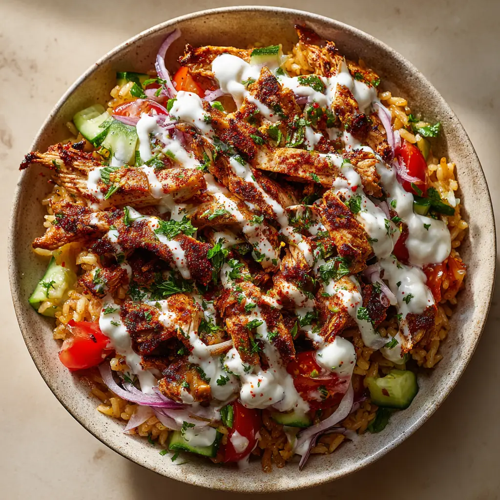 Top-down view of Chicken Shawarma Crispy Rice Salad topped with diced green cucumbers, halved cherry tomatoes, and red onions with a dusting of sumac.
