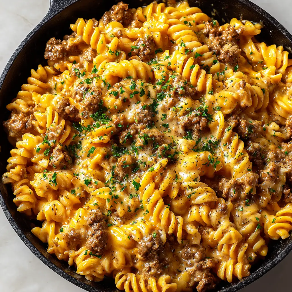 Creamy Ground Beef Pasta sitting on a neutral countertop illuminated by soft natural daylight.