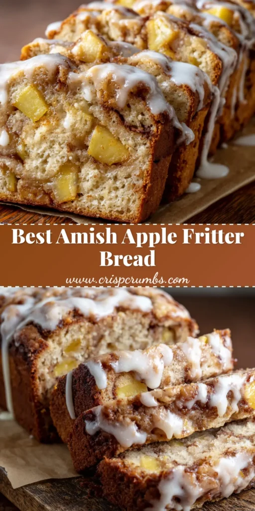 Sliced Amish Apple Fritter Bread showing soft crumb, caramelized cinnamon swirl pockets, and a dripping white vanilla glaze on a rustic cutting board.