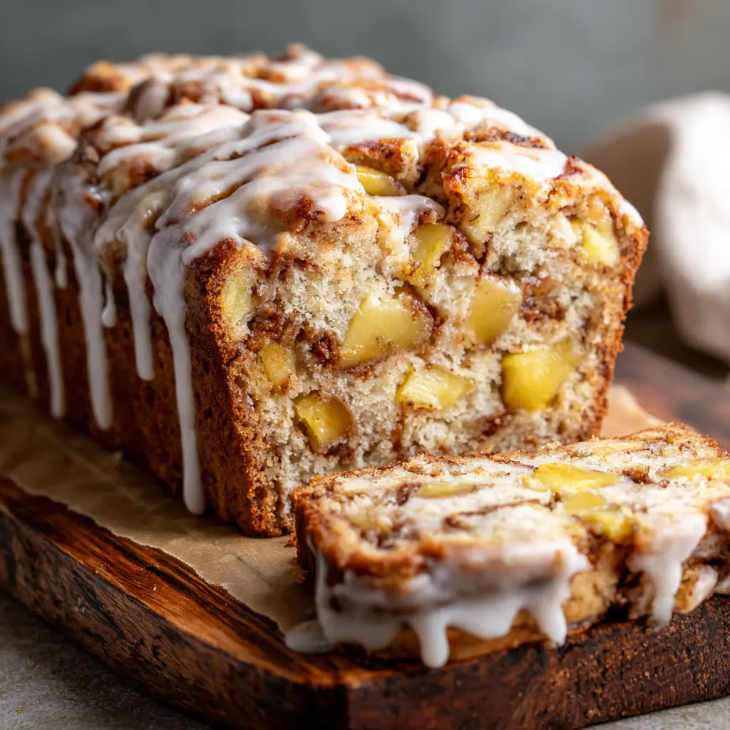 Top-down view of Amish apple fritter bread slices on parchment paper revealing diced yellow baked apples.