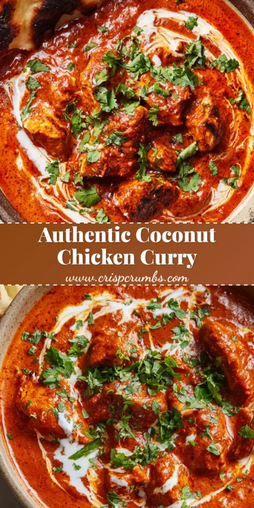 A rustic ceramic bowl filled with creamy orange-red Indian Chicken Curry topped with a delicate swirl of white coconut cream and chopped green cilantro.