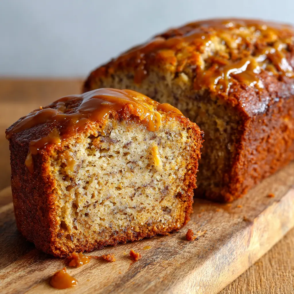 Freshly baked golden-brown banana bread loaf with a naturally cracked top crust and dulce de leche ribbons.