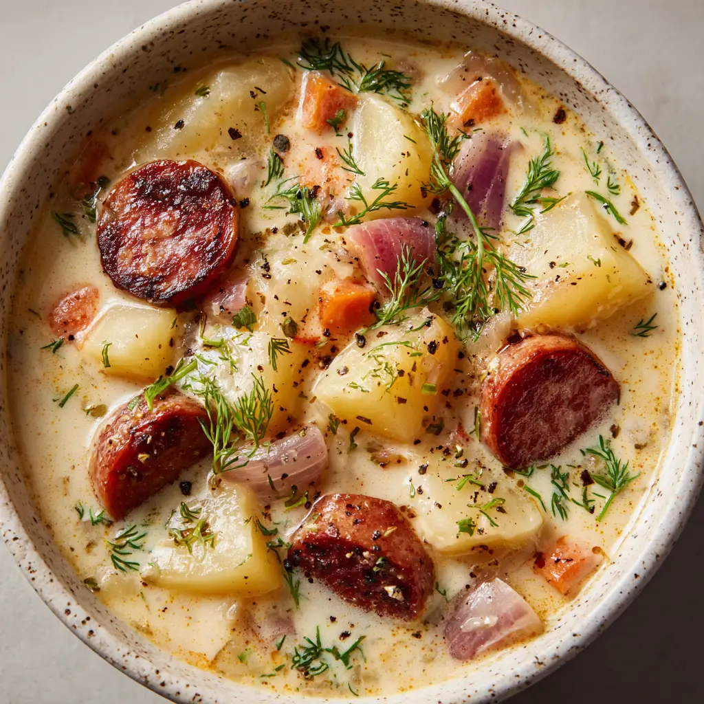 A close-up, overhead shot of a rustic ceramic bowl filled with creamy Kielbasa Potato Soup featuring seared edges on the sausage.