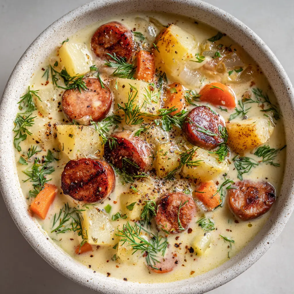 Hearty Kielbasa Potato Soup served in a shallow white speckled bowl on a neutral table under soft natural daylight.