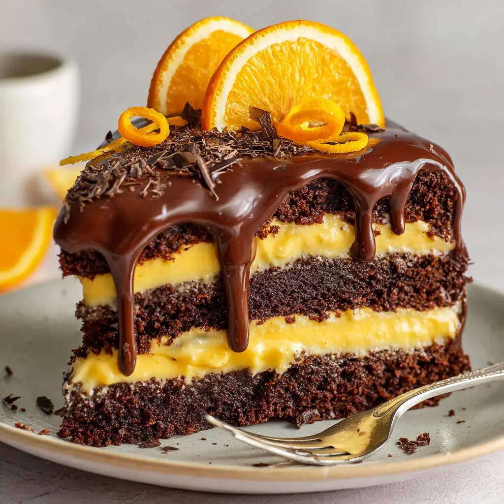 Close up of a sliced three-layer dark chocolate sponge cake plated on an off-white ceramic dessert plate with a silver fork.