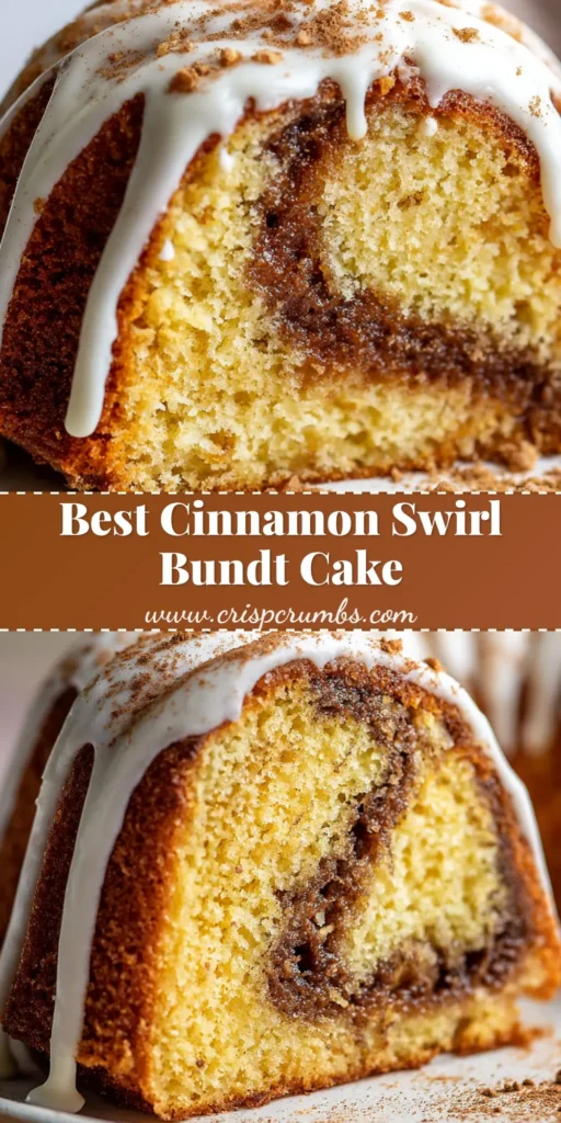 A close-up of a slice of golden-brown Cinnamon Swirl Sour Cream Bundt cake resting on a round white ceramic dessert plate with a thick dark-brown baked cinnamon sugar swirl.