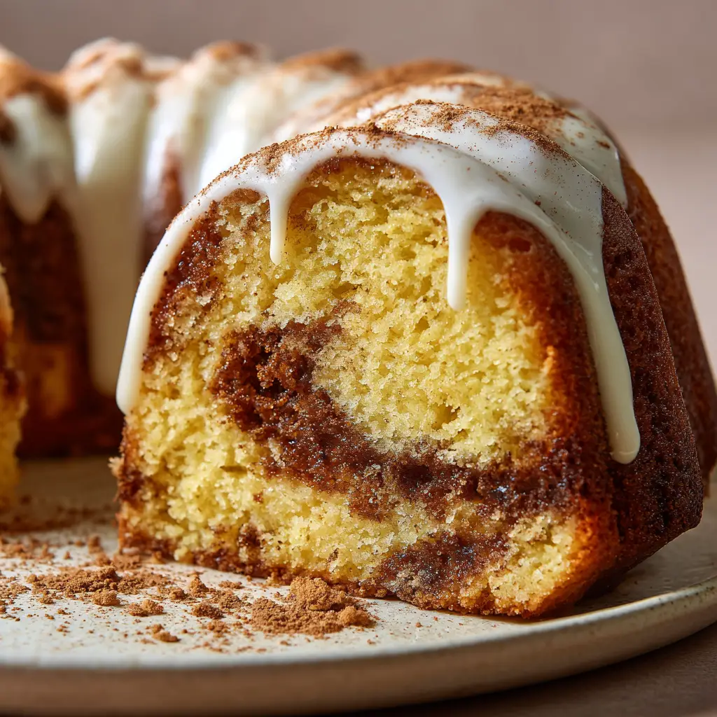 Thick glossy opaque white vanilla icing dripping heavily down the curved, fluted top baked crust of a sour cream bundt cake.