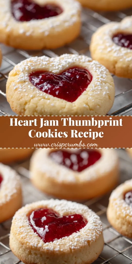 A towering stack of golden brown buttery shortbread Jam Thumbprint Cookies with bright red heart-shaped jam centers and a fine powdered sugar dusting.
