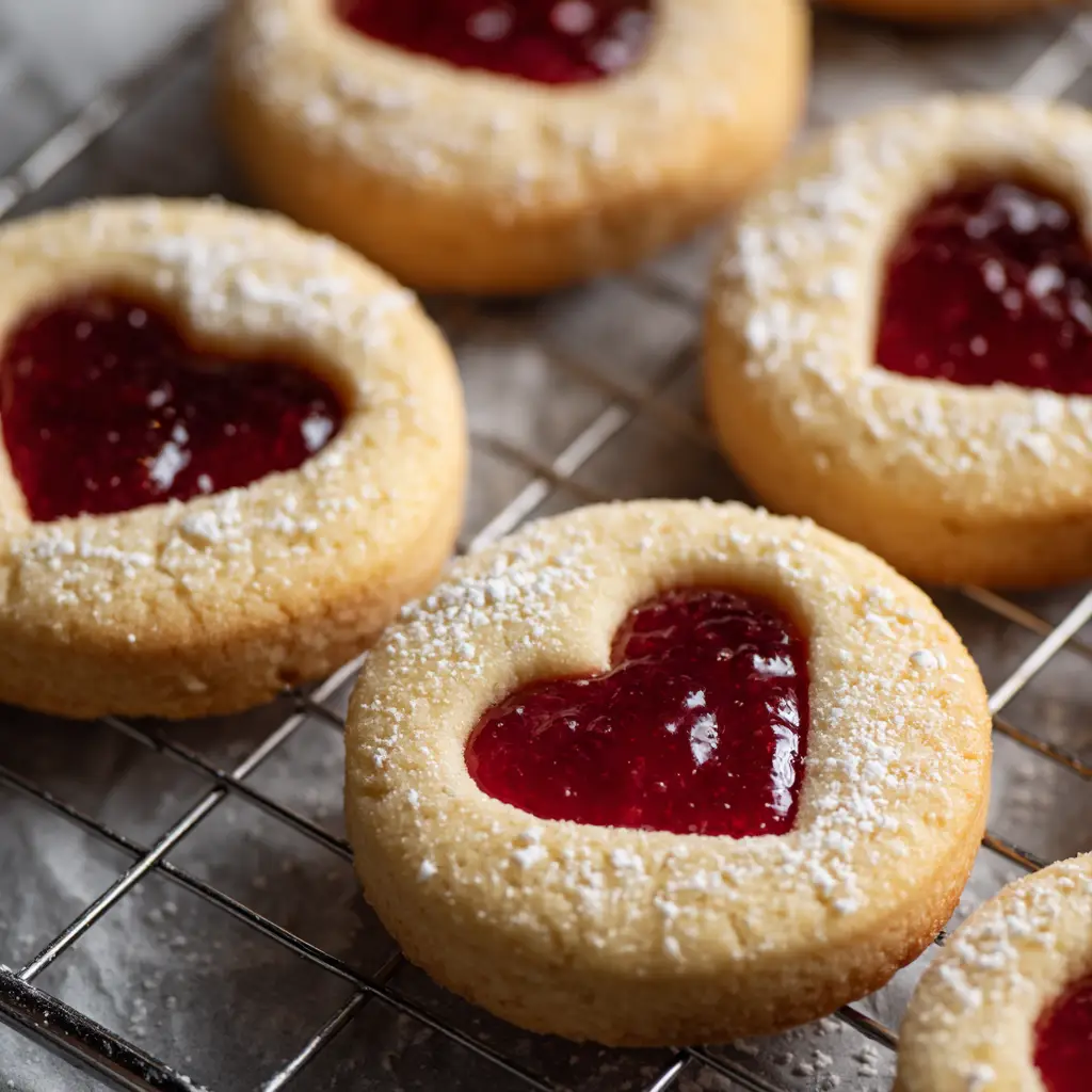 Jam Thumbprint Cookies lightly dusted with fine white powdered sugar, arranged on a metal wire cooling rack over light parchment paper.