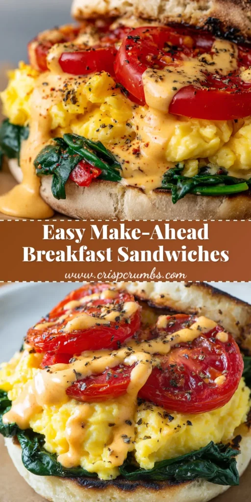 A close-up of a stacked Make-Ahead Breakfast Sandwich with folded eggs, blistered tomatoes, wilted spinach, melted cheddar, and creamy spicy mayo on an English muffin.