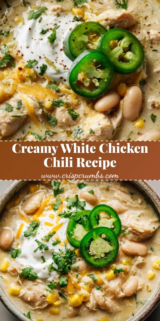 A rustic ceramic bowl filled with creamy white chicken chili, featuring tender chicken, cannellini beans, sweet corn, sour cream, jalapenos, and cilantro.