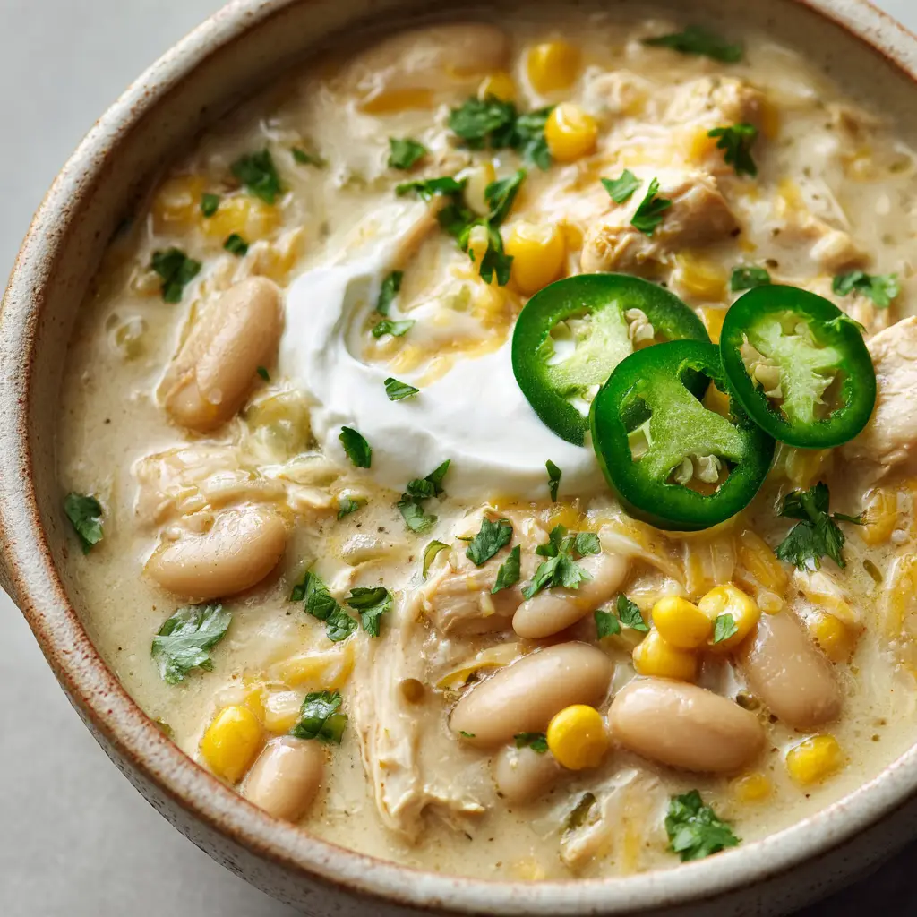 Overhead view of white chicken chili garnished with a swirl of melted white cheese, a dollop of sour cream, circular jalapeno slices, and fresh cilantro.