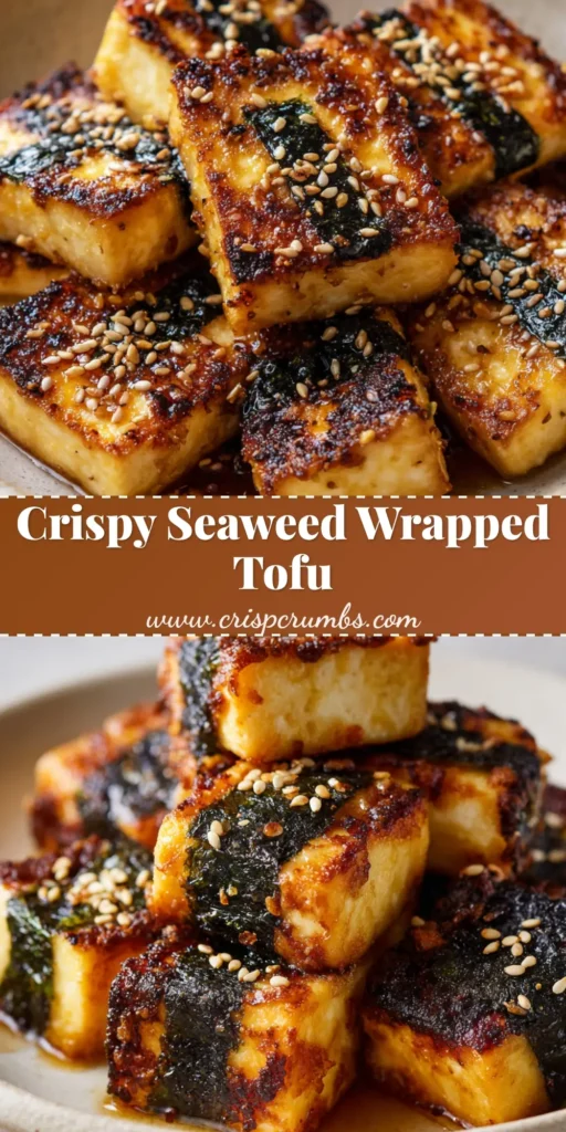 Close-up of golden-brown crispy pan-fried Seaweed Wrapped Tofu garnished with toasted sesame seeds.