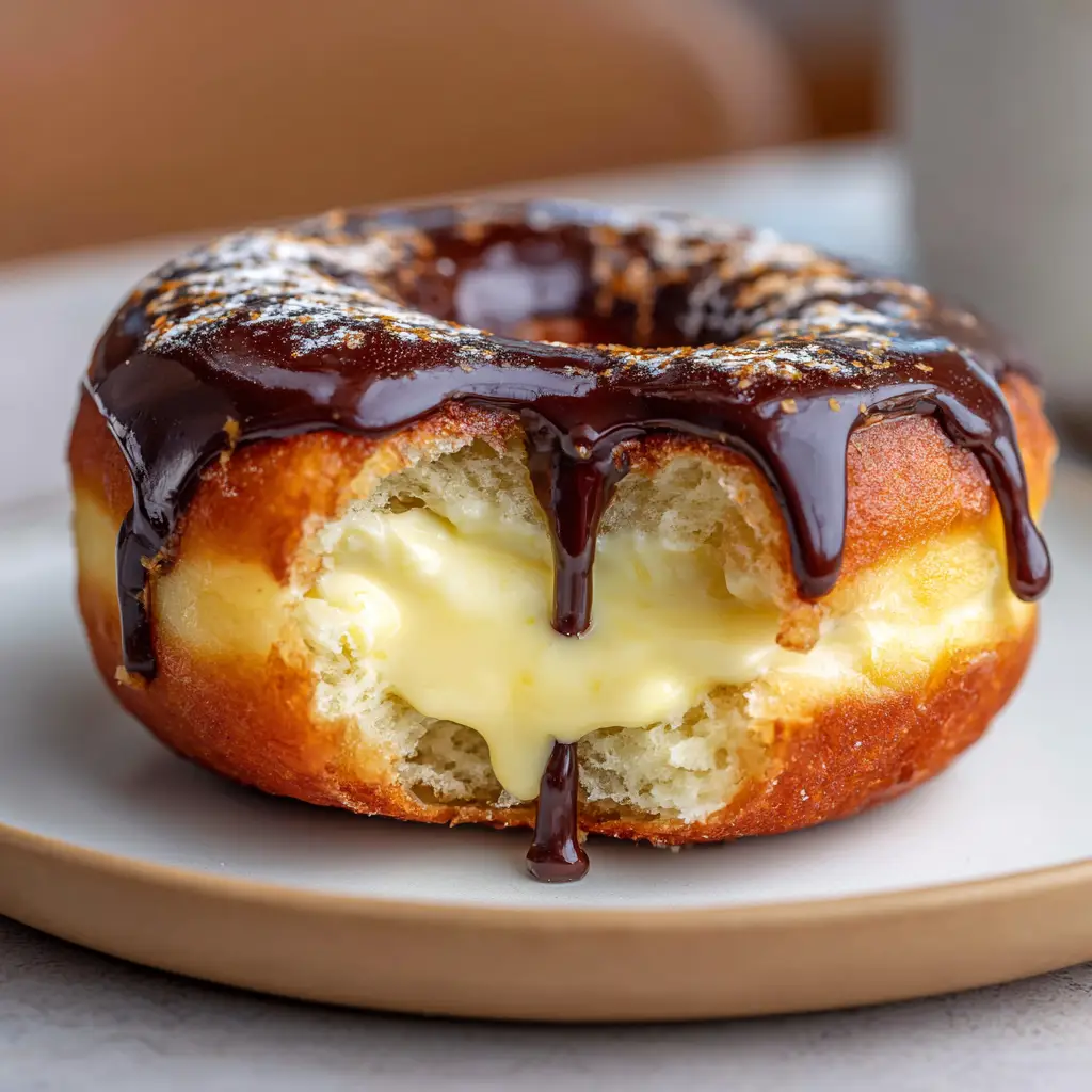 Close-up of glossy dark chocolate ganache forming slow, thick drips down the sides of a soft Boston Cream Donut.