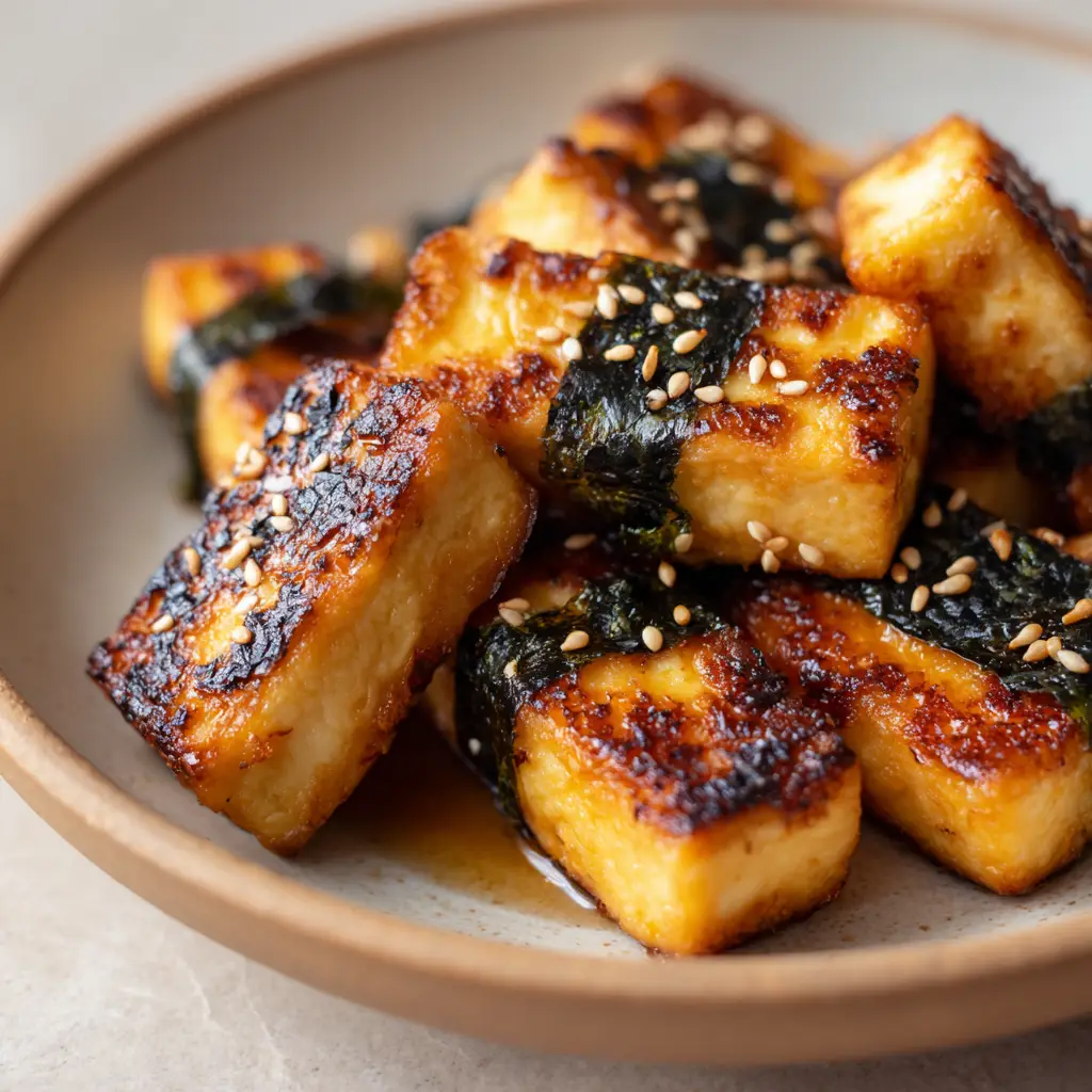 Golden-brown pan-fried rectangular tofu blocks wrapped snugly with dark green roasted nori seaweed.