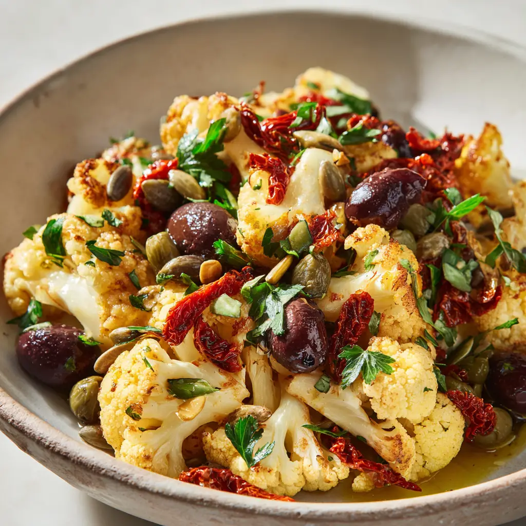 Close-up of golden-brown roasted cauliflower florets with dark green capers and julienned red sun-dried tomatoes.