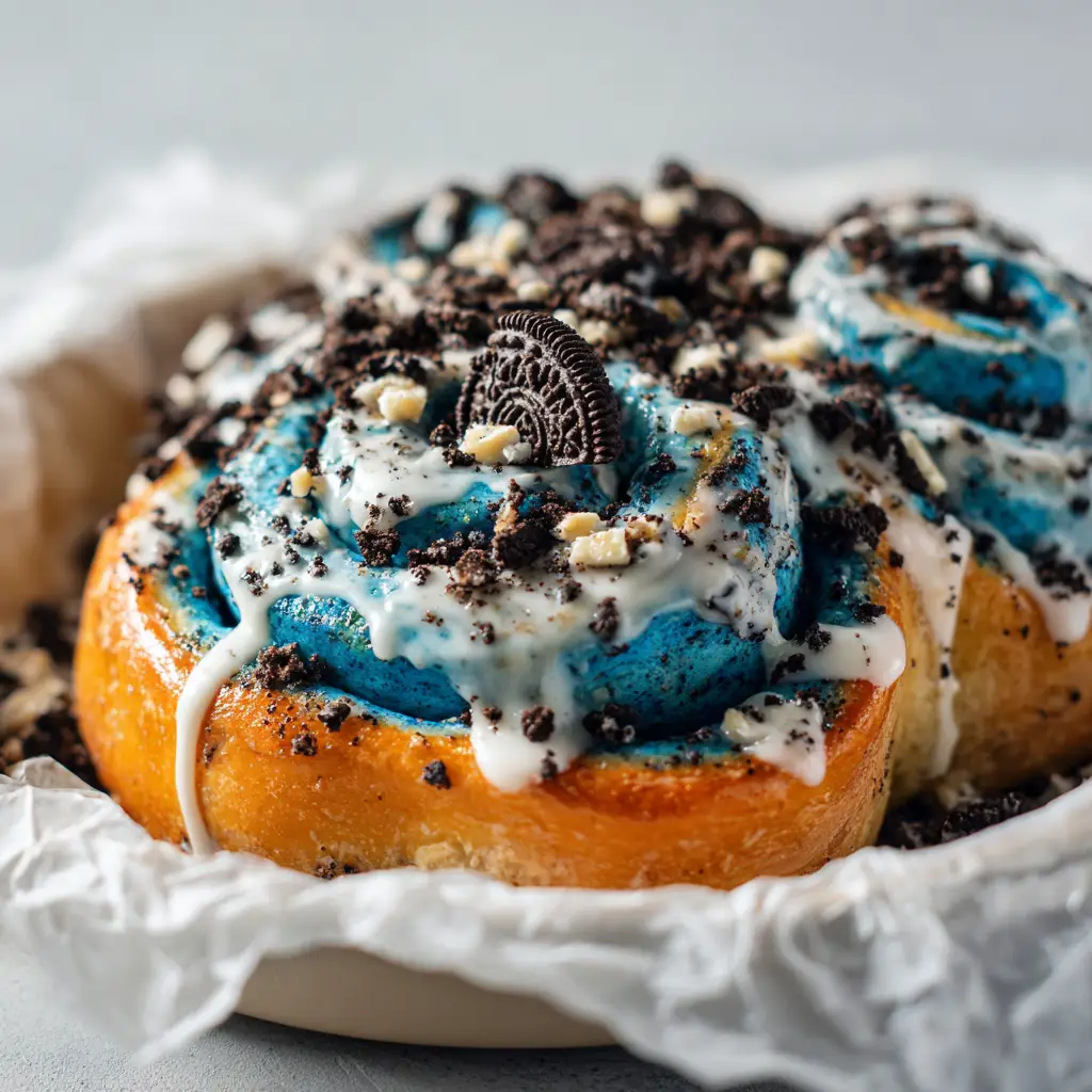 Thick glossy white cream cheese glaze dripping down the sides of Cookie Monster Cinnamon Rolls with chunky crushed black and white cookie crumbs.
