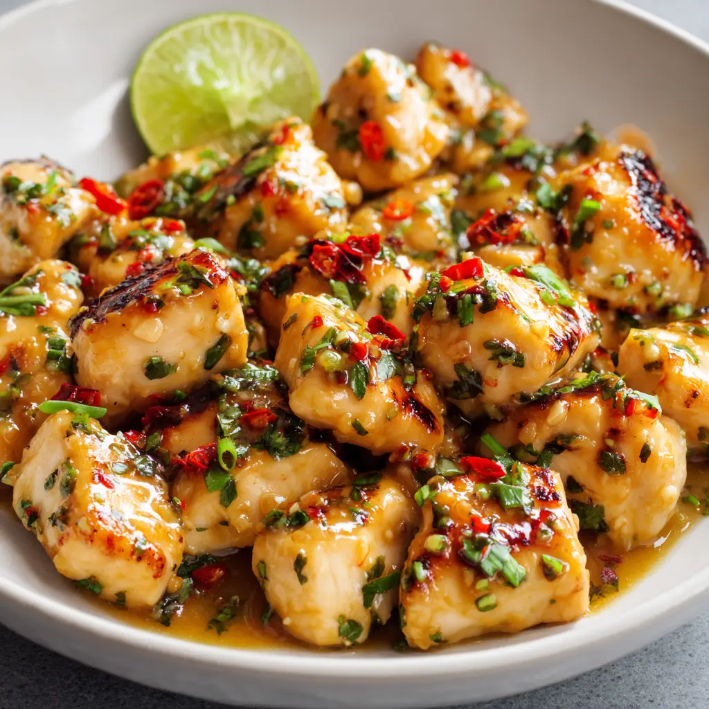 Close up of bite-sized cooked chicken breast chunks glistening with an orange-tinted creamy coconut and Thai spice glaze in a shallow ceramic bowl.