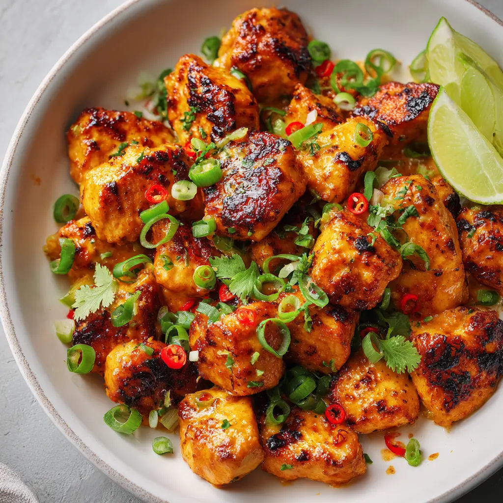 Overhead view of Thai Chicken Bites loosely scattered in a bowl with thinly sliced green onions, chopped cilantro, and a fresh lime wedge.