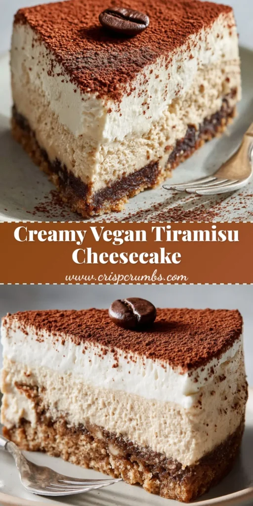 A tall slice of decadent Vegan Tiramisu Cheesecake showing an espresso crust, pale beige filling, whipped cream, and cocoa dusting.