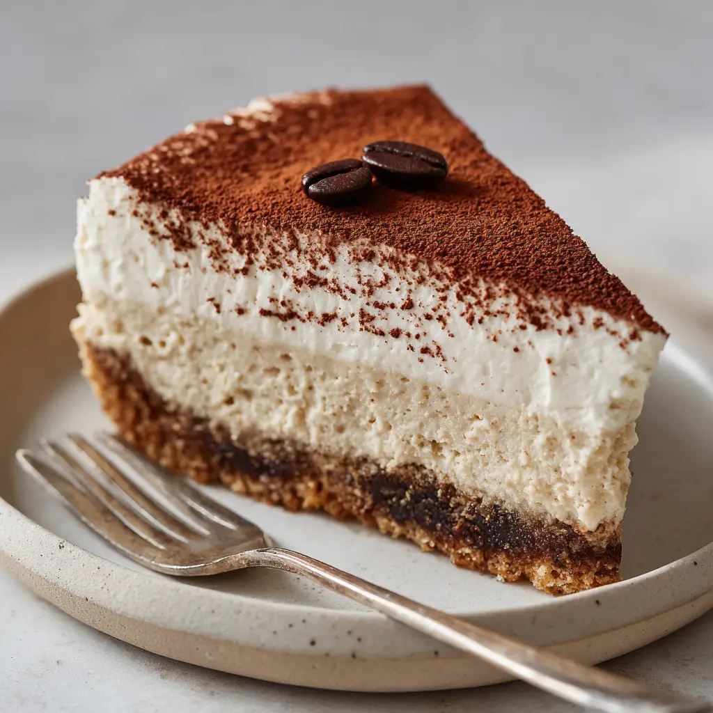 A close-up of a sliced Vegan Tiramisu Cheesecake resting on a simple matte ceramic plate with a silver dessert fork.