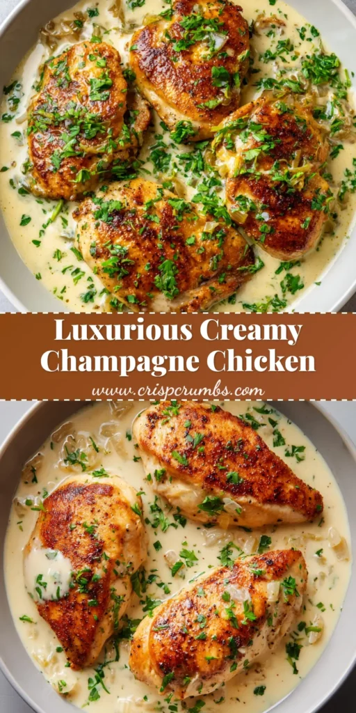 Top-down view of pan-seared golden chicken breasts smothered in a rich, glossy, pale champagne cream sauce with translucent shallots and fresh parsley in a white matte bowl. (Champagne Chicken Recipe)