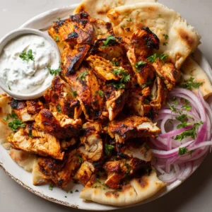 Sliced chicken shawarma with blackened crispy edges resting on a rustic white ceramic plate. (Chicken Shawarma Recipe)