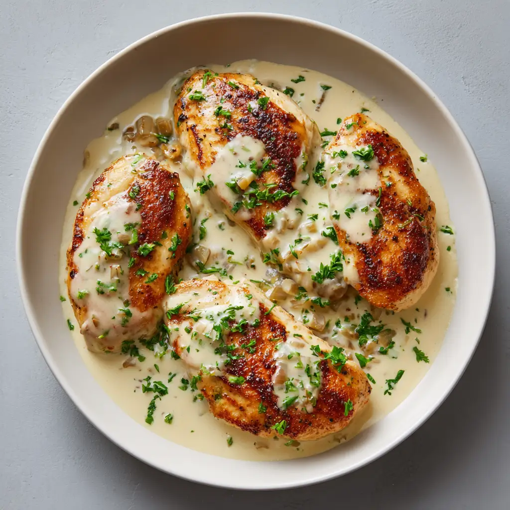 Close up of a beautifully browned chicken crust slightly peeking through a velvety white liquid champagne sauce. (Champagne Chicken Recipe)