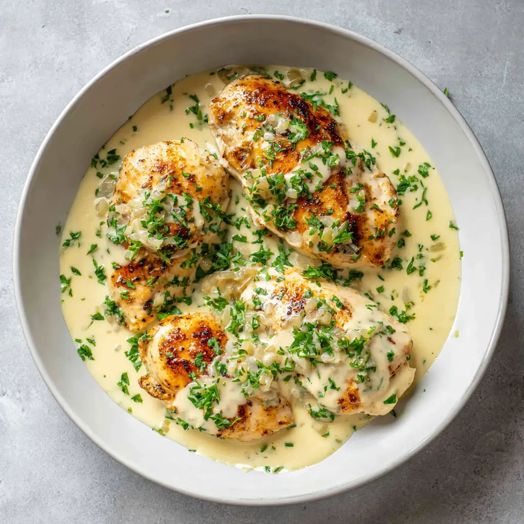 Overhead shot of a wide, shallow matte white ceramic bowl holding champagne chicken on a plain neutral gray surface.