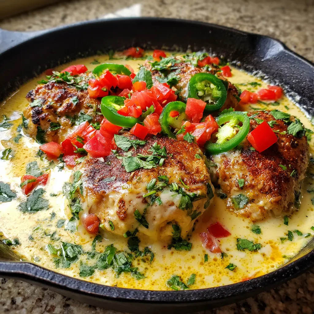 Soft natural daylight illuminating the creamy texture of the cheese sauce on seared Mexican chicken, topped with fresh diced tomatoes and jalapeno rounds.