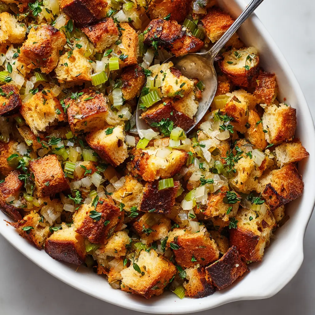 A silver serving spoon digging into the center of a hot Homemade Stuffing Recipe, revealing a steaming moist interior with green celery chunks.