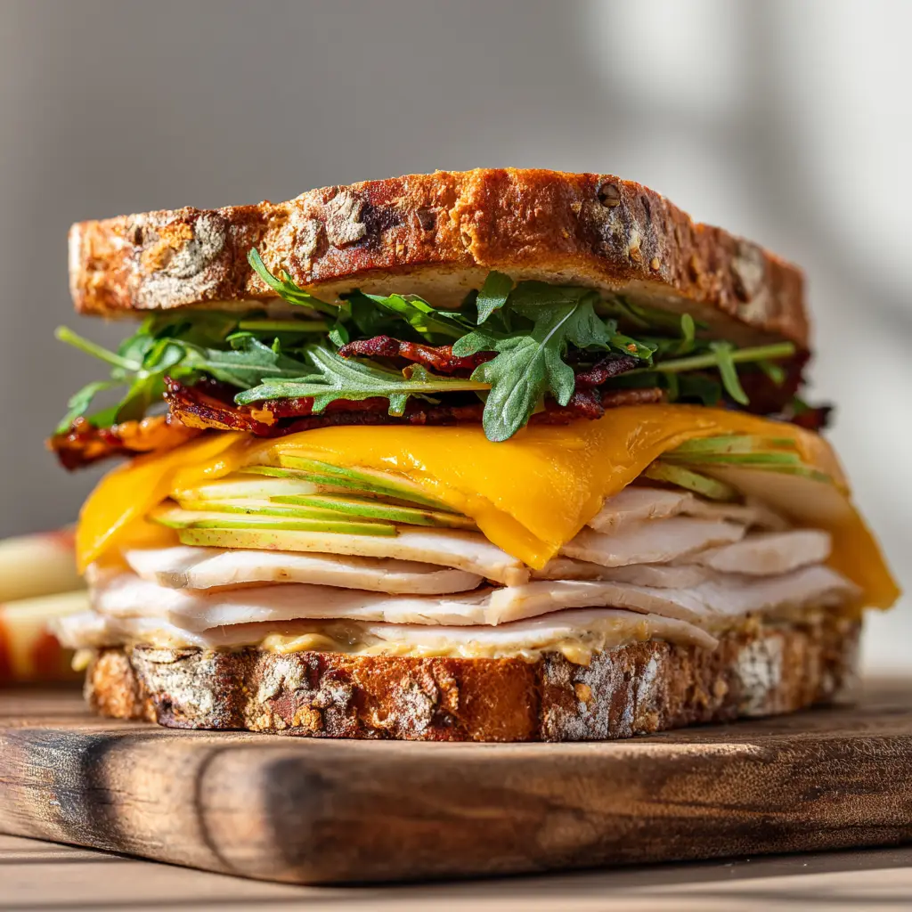 Close up view of the melted bright orange cheddar draped beautifully over folded thinly sliced deli turkey breast on a rustic cutting board.