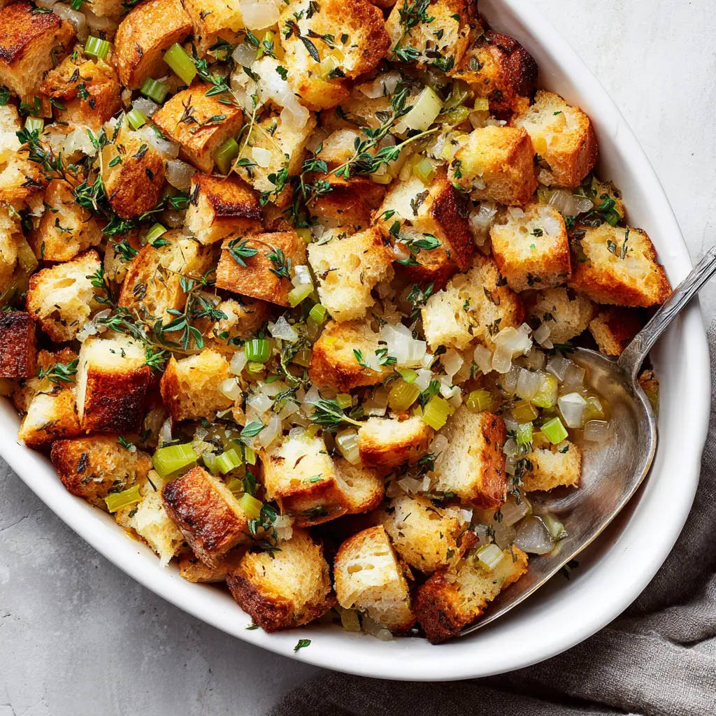 Close-up of translucent diced onions, rustic bread cubes, and fresh sage in a freshly baked Homemade Stuffing Recipe.