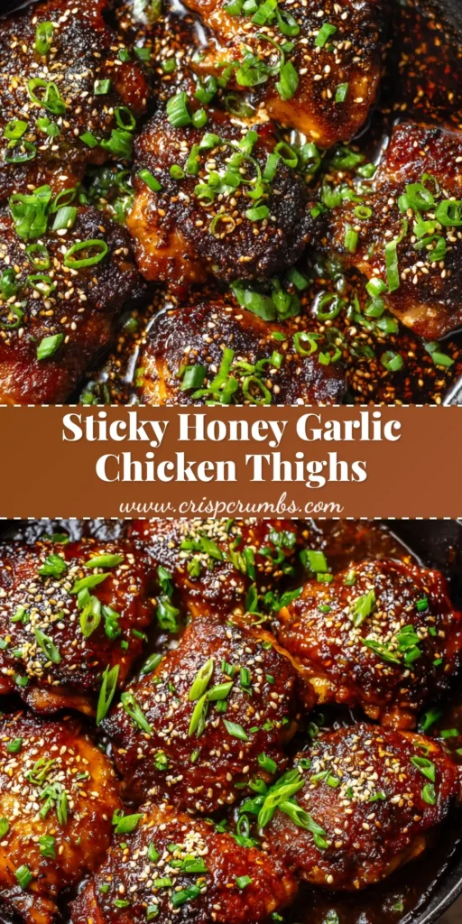 A close-up overhead shot of sticky honey garlic chicken thighs resting in a black cast iron skillet.