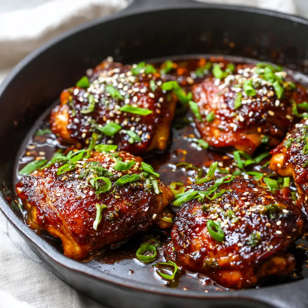 Pan-seared boneless chicken thighs with a deeply caramelized crust coated in glossy sauce.