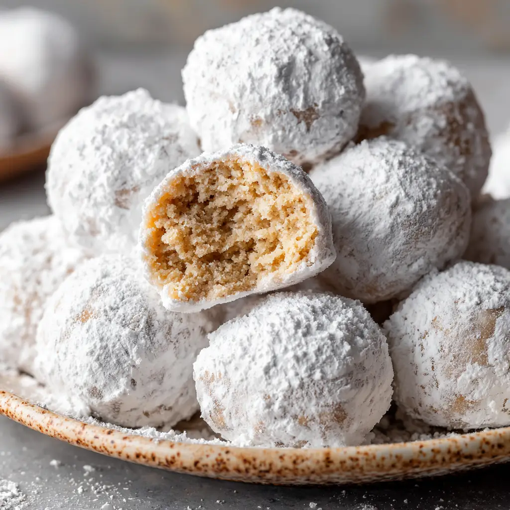 Handheld smartphone style photo of snowball donuts with scattered powdered sugar granules on a plate.