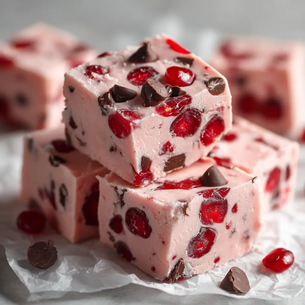 Slices of Cherry Garcia Fudge showing a creamy pale pink base densely studded with bright red chopped maraschino cherries.