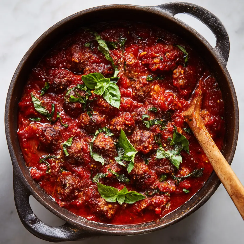 Overhead view of a cast iron Dutch oven filled to the brim with bubbling, thick Authentic Italian Gravy and a wooden spoon.