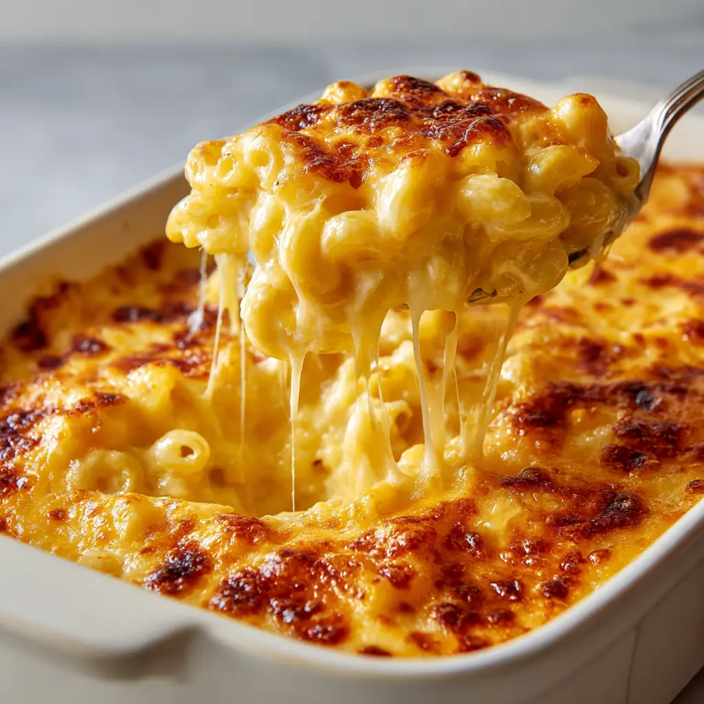 Close-up shot of tender elbow macaroni coated in a thick, bright yellow-orange creamy cheese sauce inside a baking dish. (Copycat Chick-fil-A Mac and Cheese)