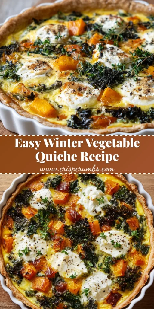 A perfectly baked winter vegetable quiche in a fluted ceramic tart pan, featuring bright orange roasted butternut squash, dark green kale, creamy browned ricotta, and scattered thyme leaves.