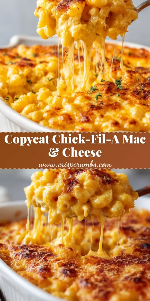 A spoonful of baked Copycat Chick-fil-A Mac and Cheese lifted from a white ceramic dish, showing gooey strings of melted cheese stretching upwards.