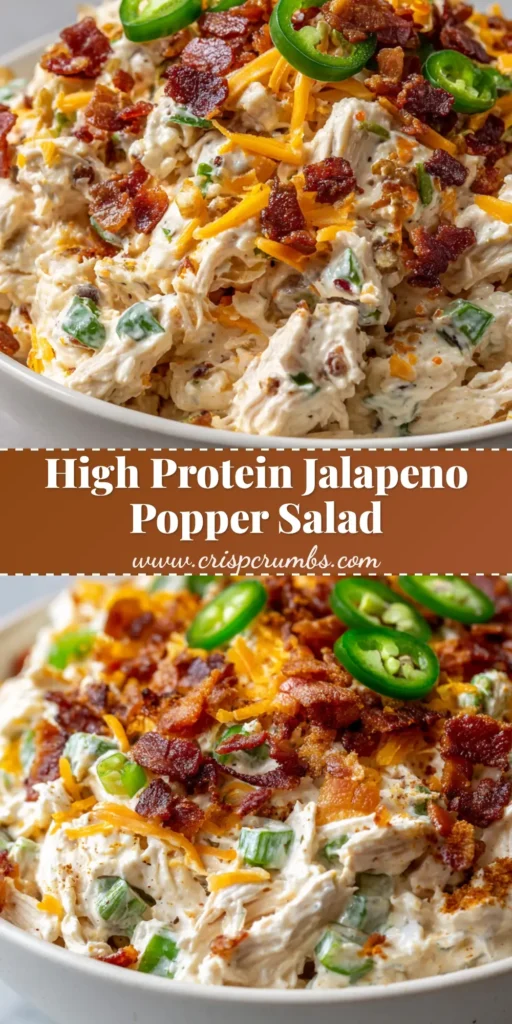 A close up, handheld smartphone photo of jalapeno popper chicken salad in a shallow white ceramic bowl topped with crispy bacon and fresh jalapeno slices.